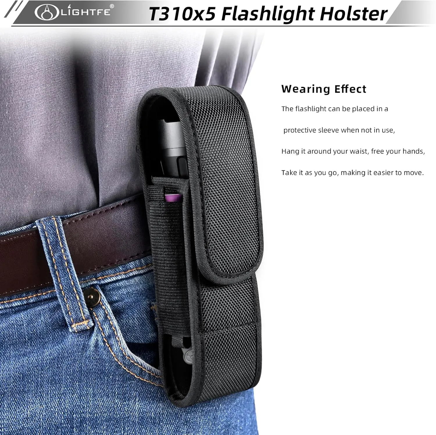 5-Pack Flashlight holster T310 tactical flashlight holster suitable for flashlights with a length of 6"-6.7" or a diameter of 40mm, to a length of 170 mm. Adjustable thick and durable flashlight Pouch