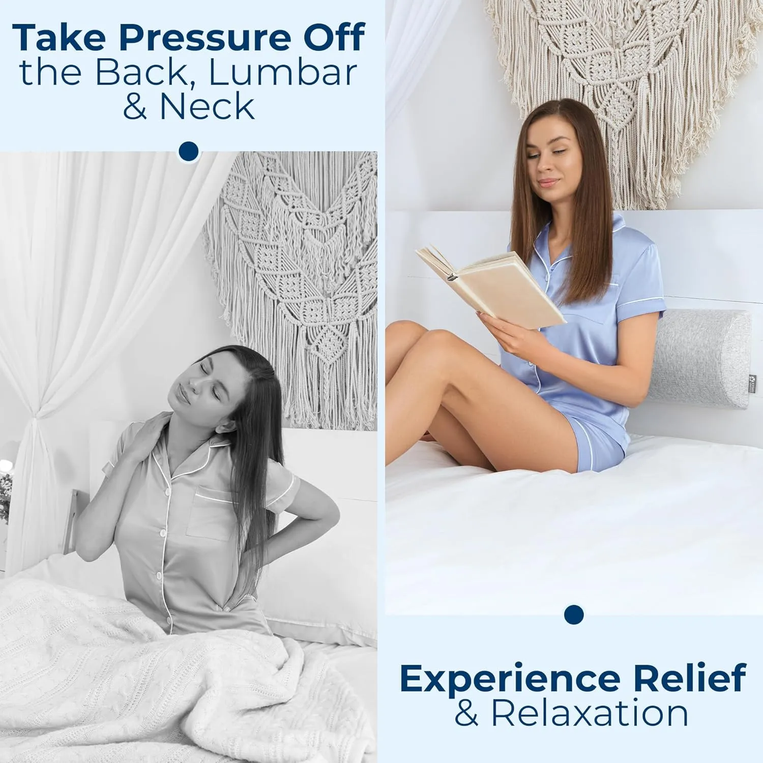 5 STARS UNITED Knee Pillow for Back Sleeping – Memory Foam Cushion for Sciatica Pain Relief – Under Leg Support for Sleeping on Back – Large Half Moon Bolster for Bed, Natural Gray with Cotton Cover