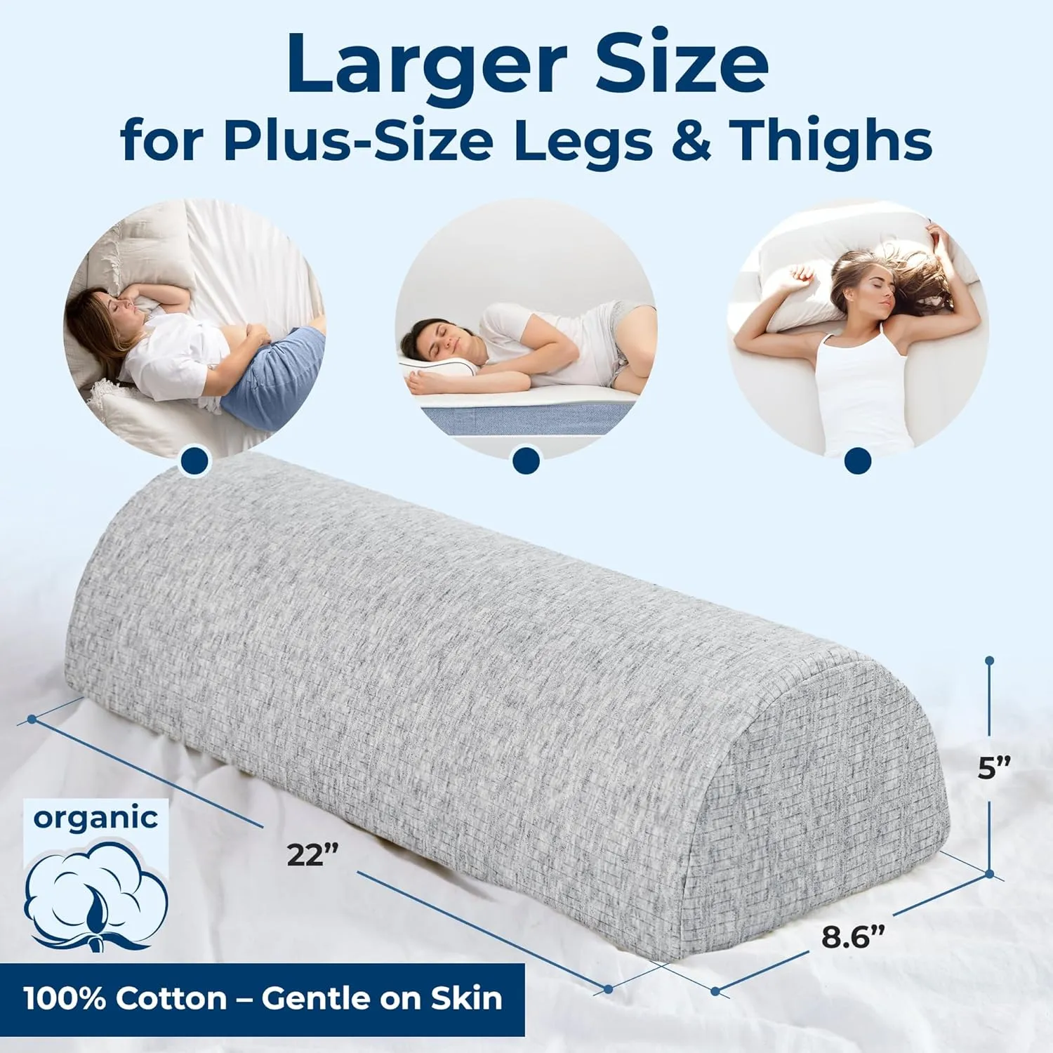 5 STARS UNITED Knee Pillow for Back Sleeping – Memory Foam Cushion for Sciatica Pain Relief – Under Leg Support for Sleeping on Back – Large Half Moon Bolster for Bed, Natural Gray with Cotton Cover