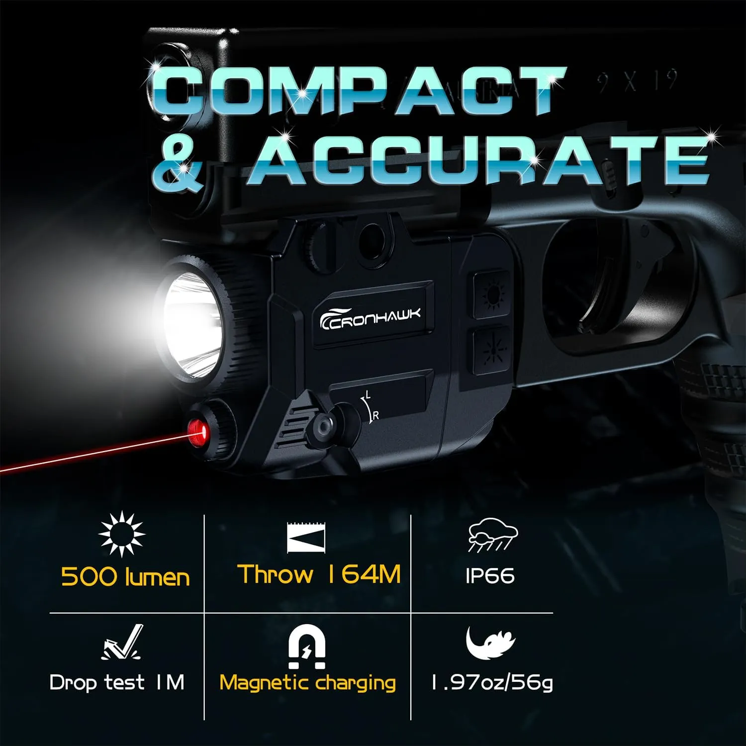 500 Lumens Tactical Weapon Flashlights Laser Sight - Rail-Mounted Light and Red Laser Light Combo for Pistol with Picatinny Rail and GL Rails - Magnetic Charging Port