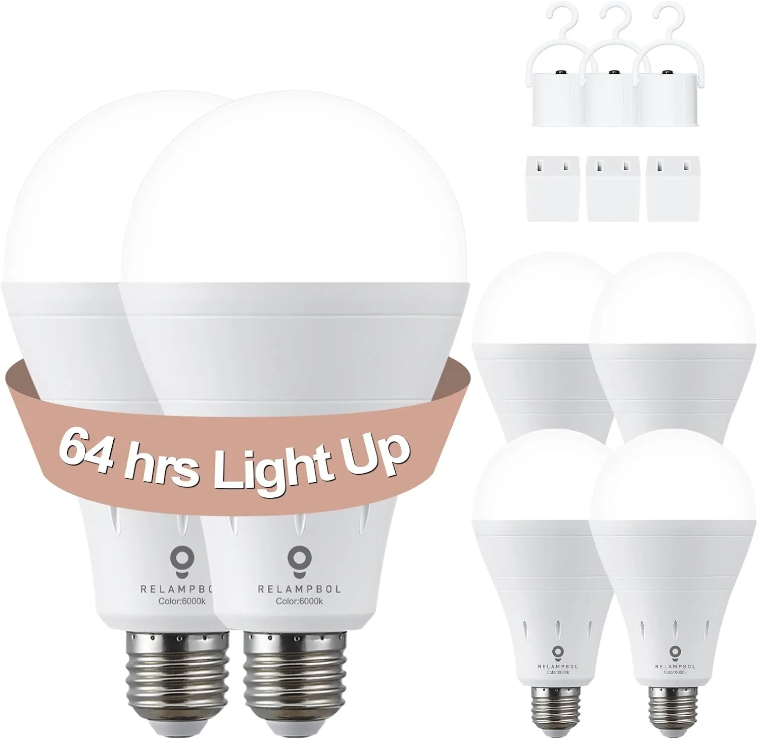 6 Pack Rechargeable Emergency Light Bulb Battery Operated Power Outage Light LED Dimmable Up to 24 Hours 6000K 9W 120V 800Lumens E26 for Hurricane Camping