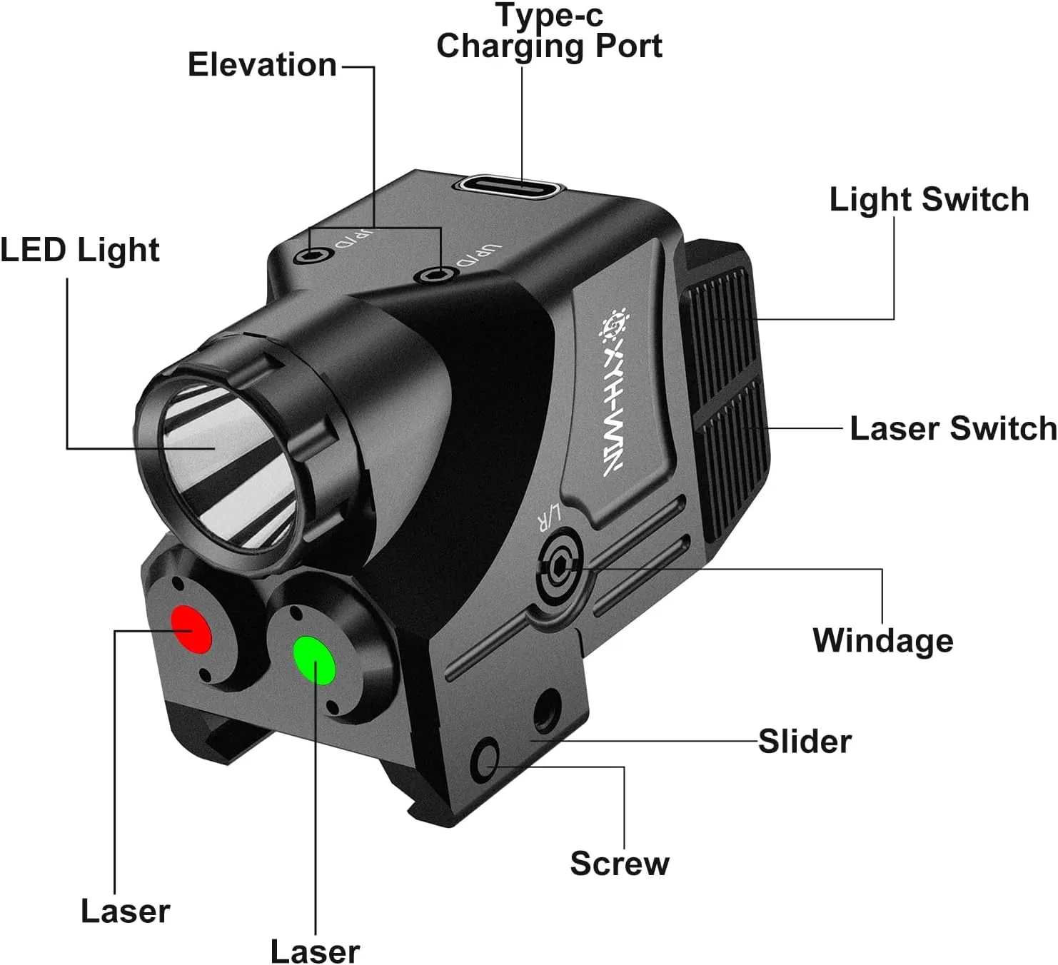 600 Lumens Weapon Tactical Light Green/Red Laser Sight Combo, Pistol Light with Strobe/Constant Function, Dual-Color Laser Sight,USBC Rechargeable,Fits Standard Picatinny/Glock Rails
