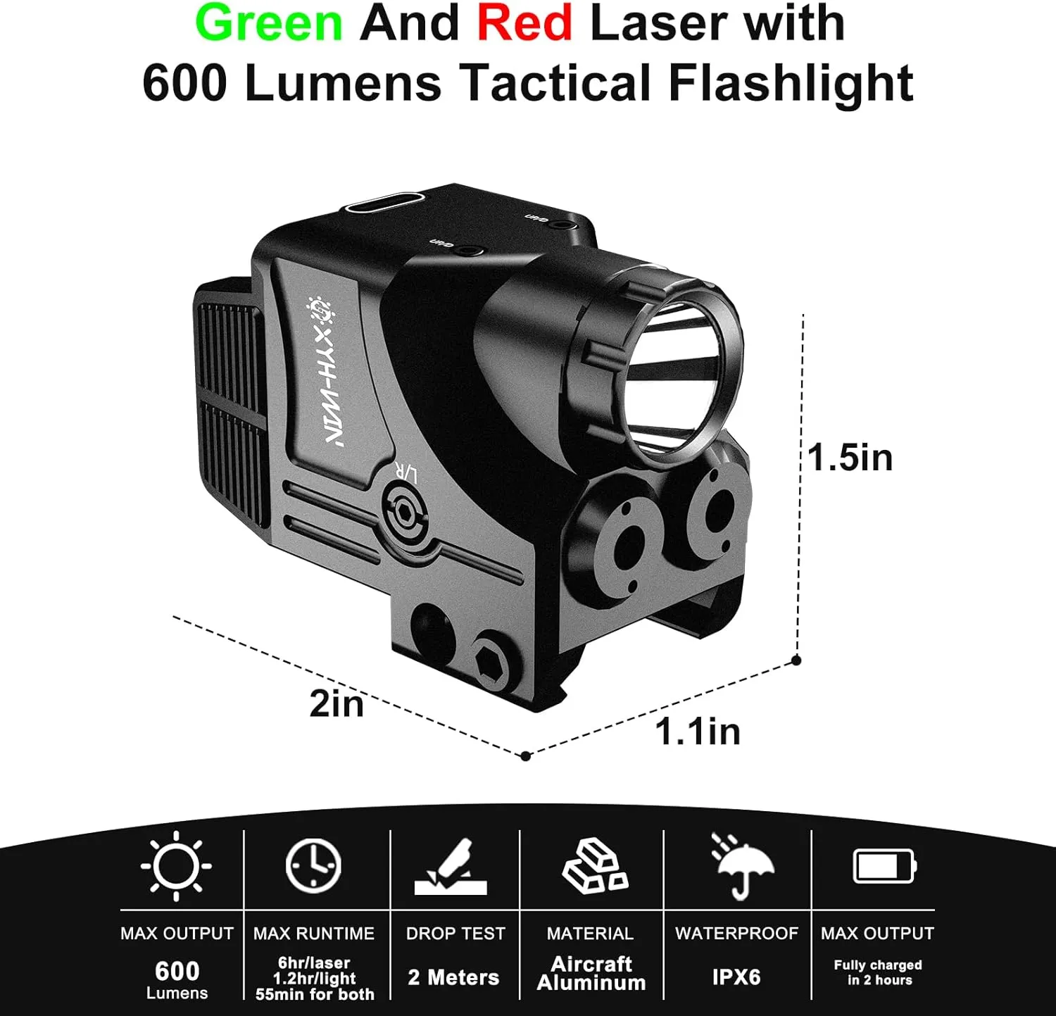 600 Lumens Weapon Tactical Light Green/Red Laser Sight Combo, Pistol Light with Strobe/Constant Function, Dual-Color Laser Sight,USBC Rechargeable,Fits Standard Picatinny/Glock Rails
