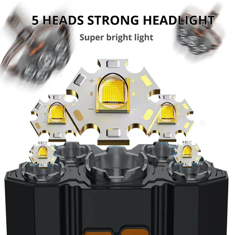 60000Lumens 5 LED Headlamp Flashlight Rechargeable Strong Light Camping Adventure With Built in Battery Fishing Head Light Search Light