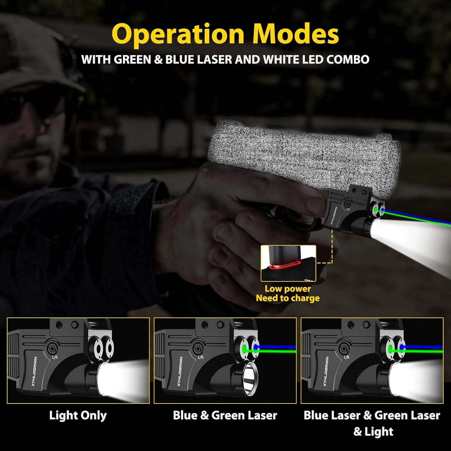 600/200 Lumens Adjustable Tactical Flashlight with Green/Blue Laser Sight Combo, Pistol Laser Light Combo with Strobe/Constant Light Modes, USBC Rechargeable, Fits Standard Picatinny & Glock Rails