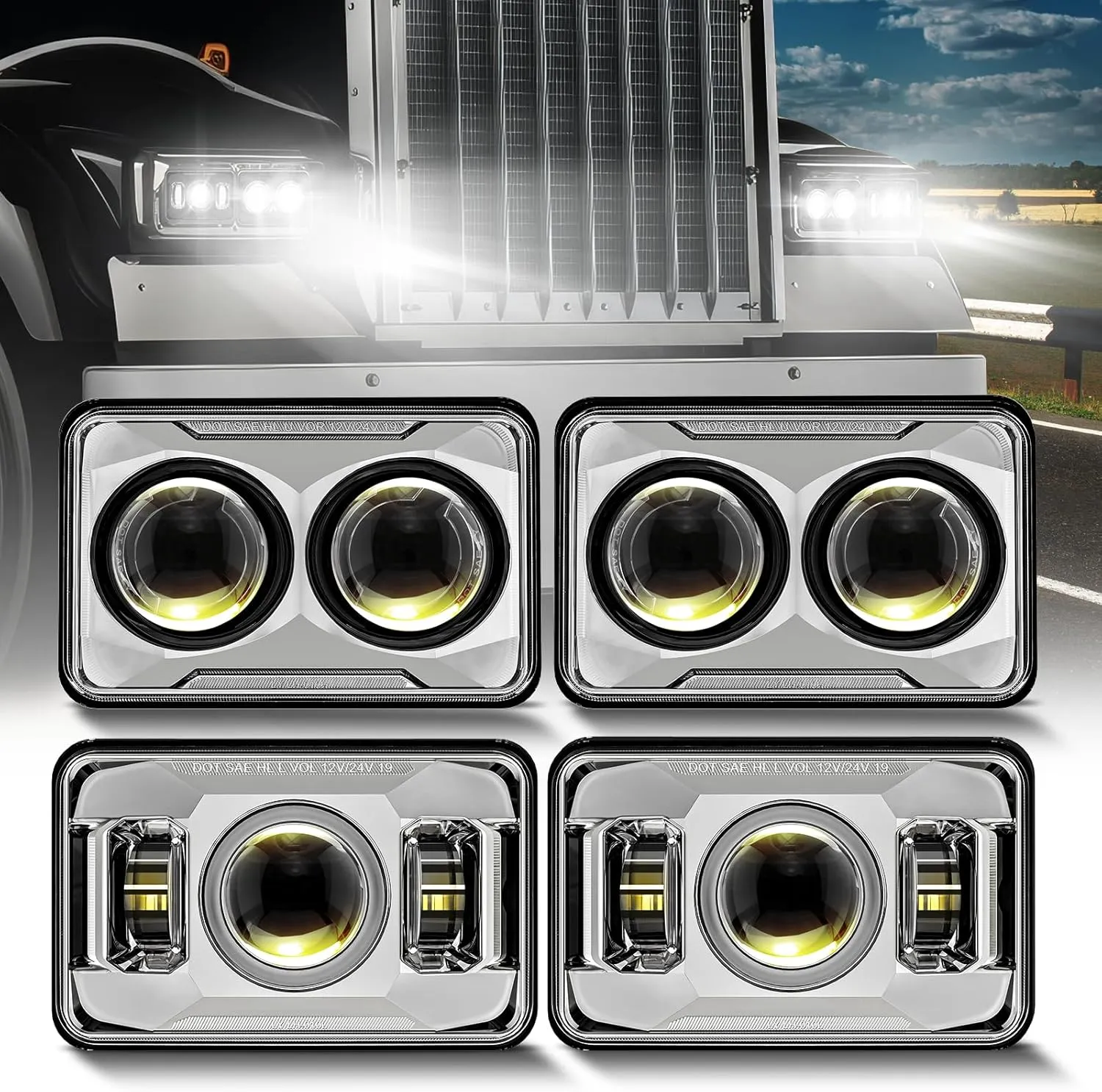 60W 4x6 inch LED Headlights [Hi/lo Beam Separately] Compatible with Kenworth T800 T600 Peterbilt 379 Feightliner O-ldsmobile Cutlass H4651 H4652 H4656 H4666 H6545 - Chrome