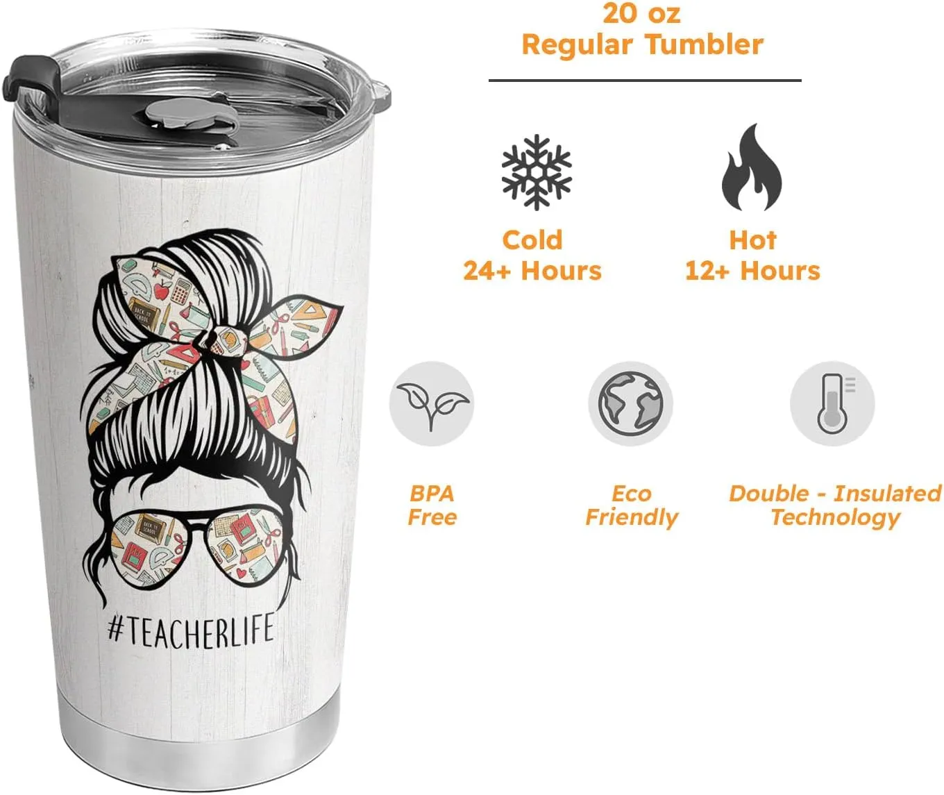 64HYDRO 20oz Teacher Life Facts, Gift For Teachers, Teachers Inspiration Tumbler Cup with Lid, Double Wall Vacuum Thermos Insulated Travel Coffee Mug - ACAA1504009Z