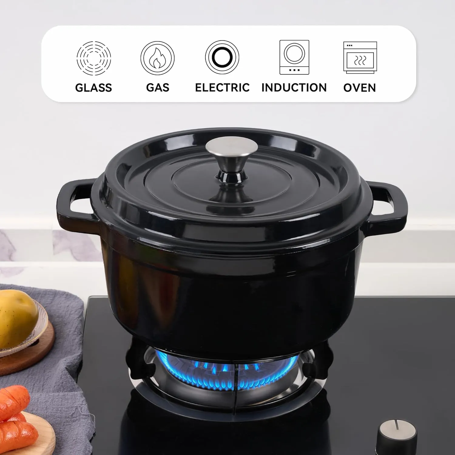 6.5 Quart Enameled Cast Iron Dutch Oven Pot with Lid, Dual Handle for Bread Baking, Pre-Seasoned Cookware, Heavy-Duty, Oven Safe up to 500° F, Non-stick & Applicable All Cookings,Black