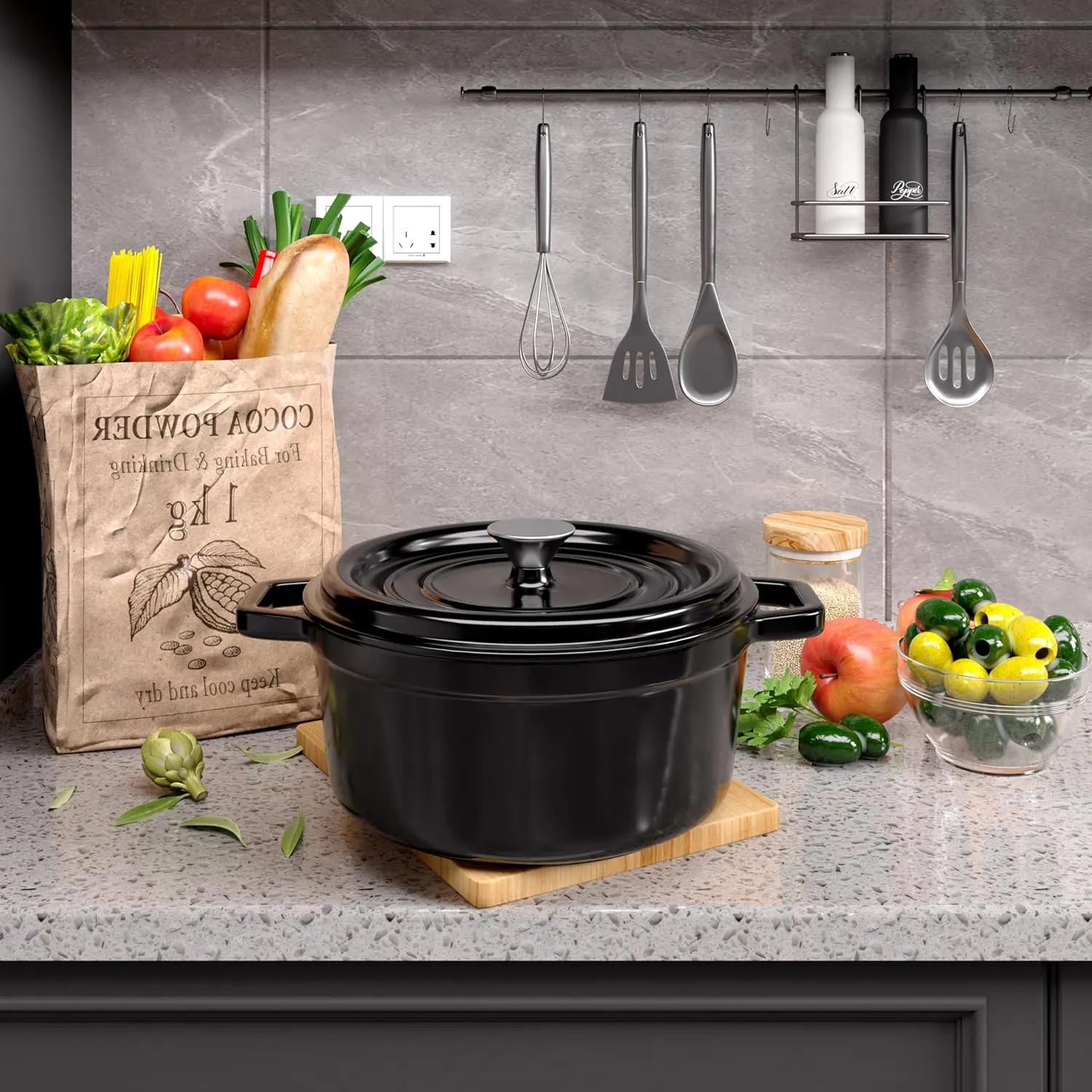 6.5 Quart Enameled Cast Iron Dutch Oven Pot with Lid, Dual Handle for Bread Baking, Pre-Seasoned Cookware, Heavy-Duty, Oven Safe up to 500° F, Non-stick & Applicable All Cookings,Black