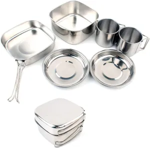 6PCs Outdoor Pot Camping Stainless Steel Pan Set Mountaineering Picnic Cookware Portable 3-4 Person BBQ Kitchen Combination