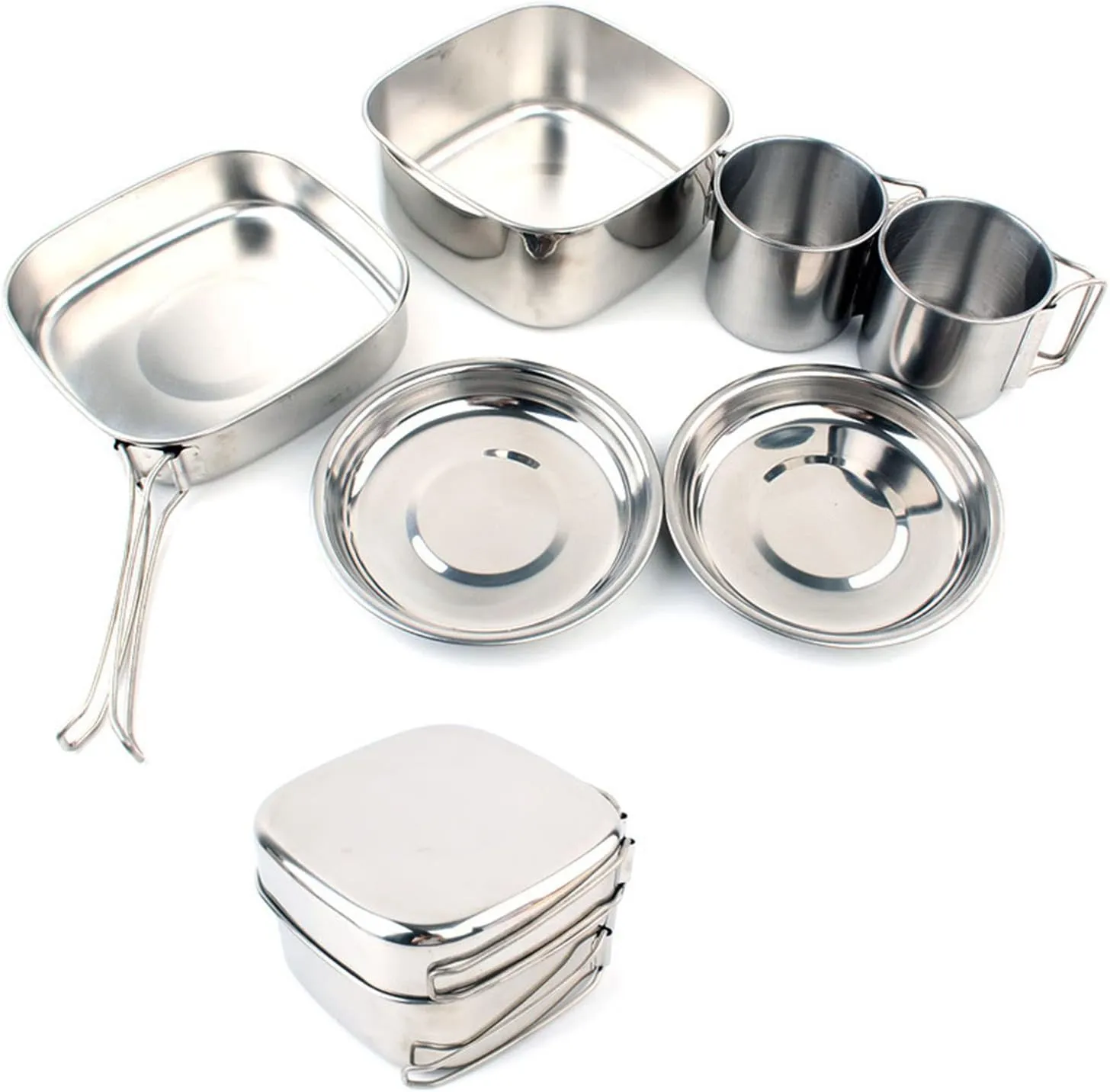 6PCs Outdoor Pot Camping Stainless Steel Pan Set Mountaineering Picnic Cookware Portable 3-4 Person BBQ Kitchen Combination