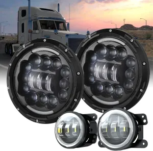 7 INCH H6024 Headlights 4 INCH Fog Lights Compatible with 1996-2011 Freightliner Century Class,High/Low Sealed Beam,Amber Turn Signals White DRL,800% Brightness,PACK OF 4