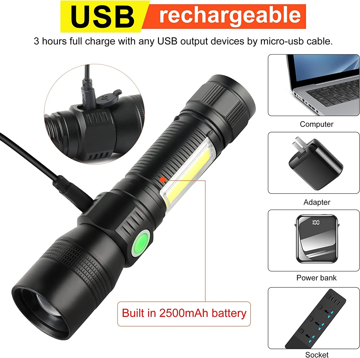 7 Modes Waterproof Rechargeable Uv Light Flashlight Torch For Camping
