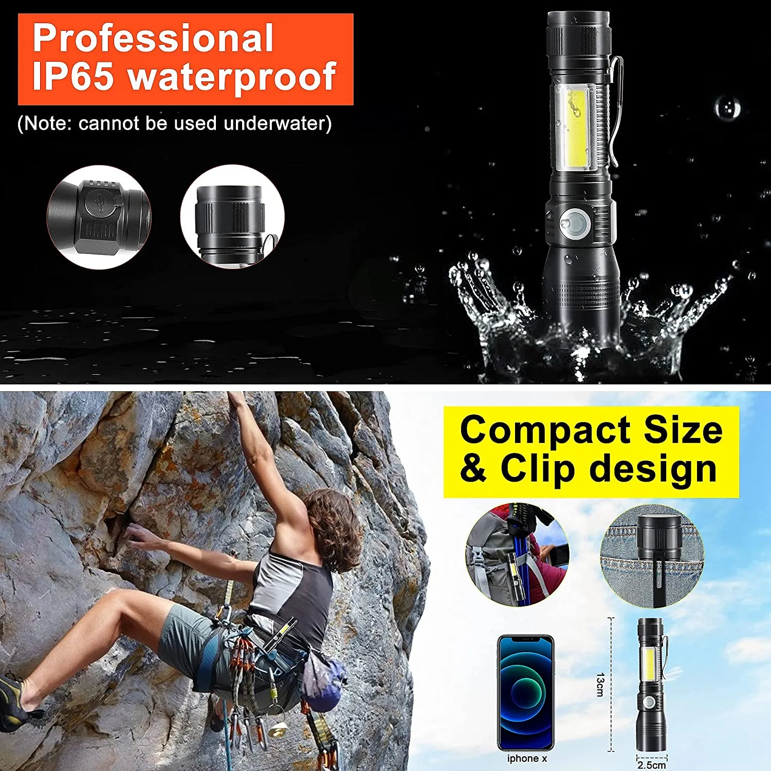 7 Modes Waterproof Rechargeable Uv Light Flashlight Torch For Camping