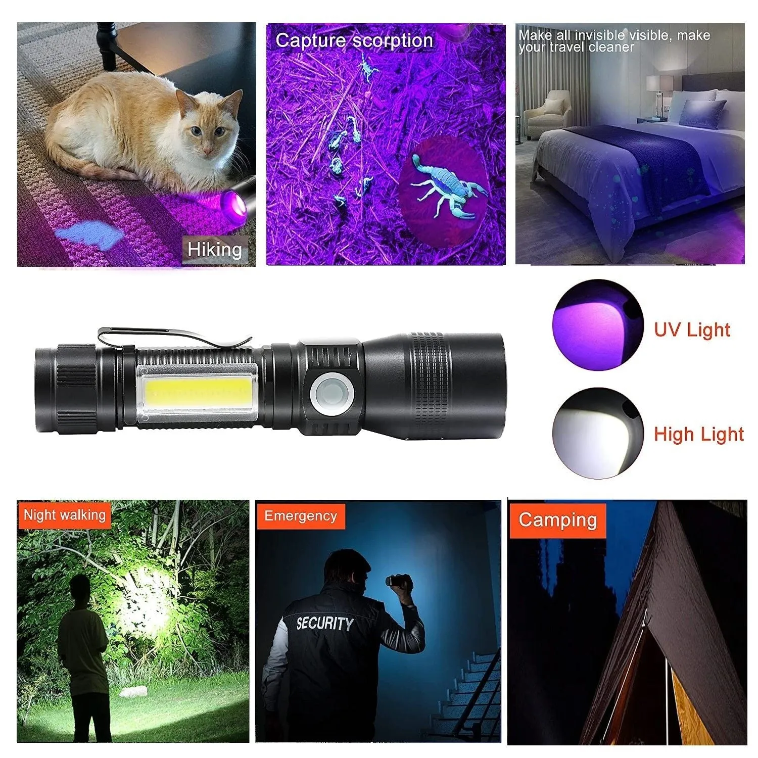 7 Modes Waterproof Rechargeable Uv Light Flashlight Torch For Camping