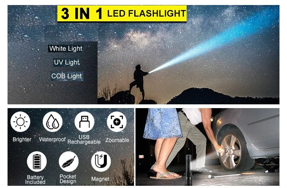 7 Modes Waterproof Rechargeable Uv Light Flashlight Torch For Camping