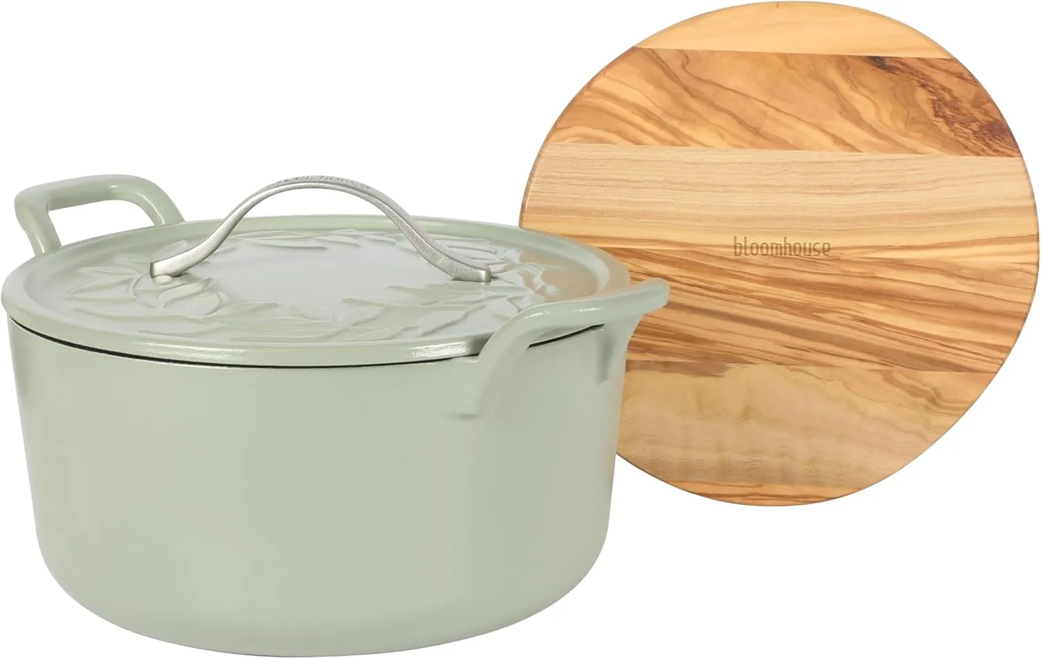 7 Qt Cast Iron Dutch Oven W/Embossed Lid, European Enamel, & Olive Wood Trivet - Matte Sage