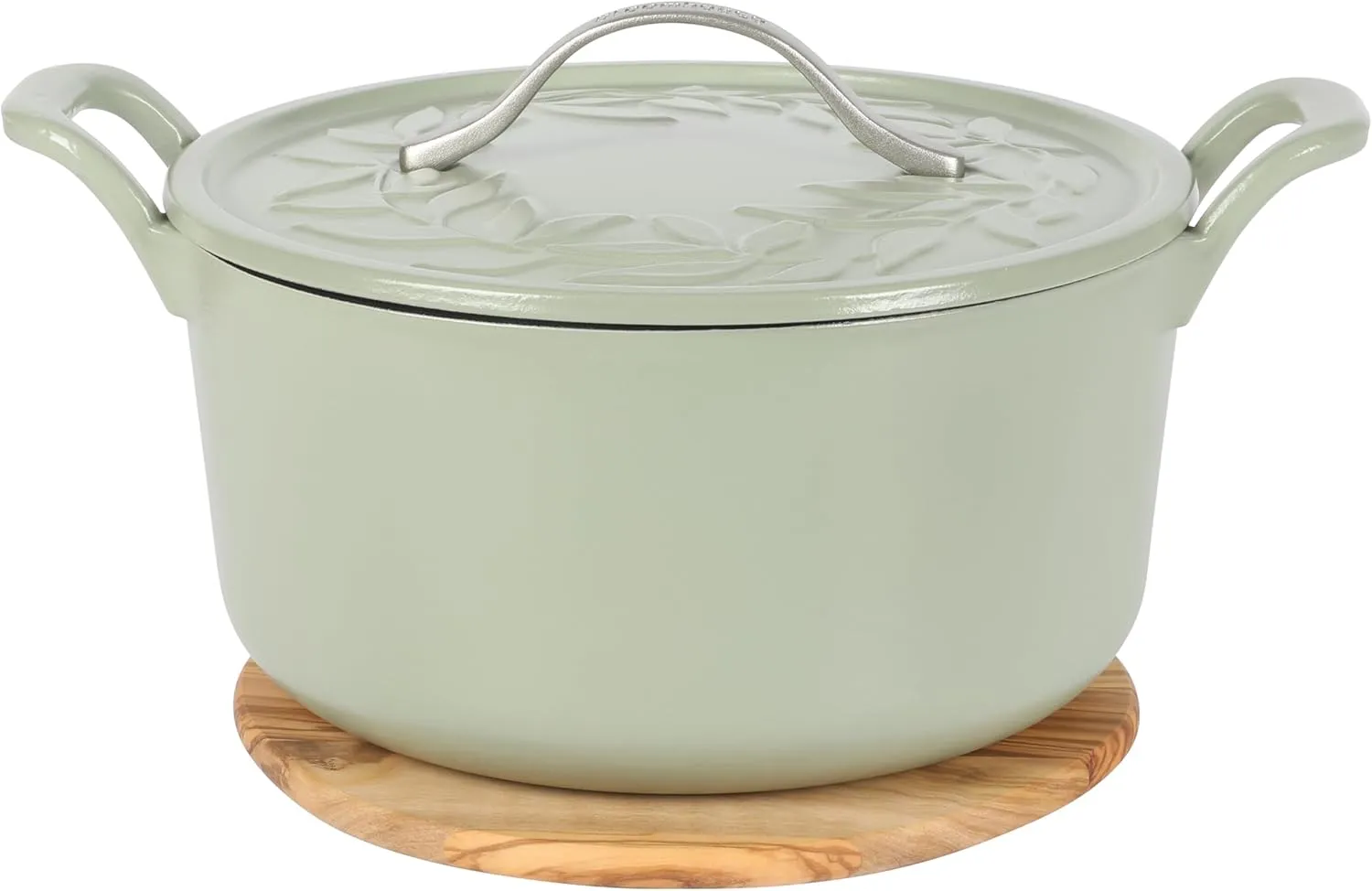 7 Qt Cast Iron Dutch Oven W/Embossed Lid, European Enamel, & Olive Wood Trivet - Matte Sage
