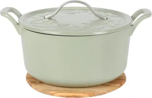 7 Qt Cast Iron Dutch Oven W/Embossed Lid, European Enamel, & Olive Wood Trivet - Matte Sage