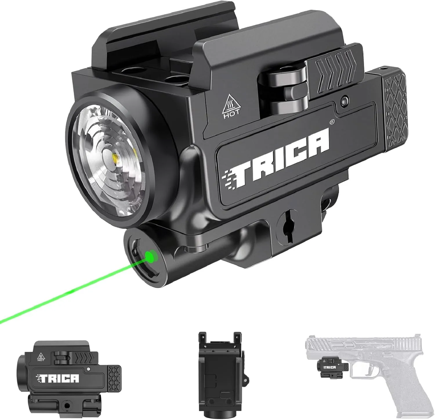800-Lumen Compact Pistol Light with Green Laser, Strobe & Quick Detach, USB Rechargeable, Compatible with GL or Picatinny Rail