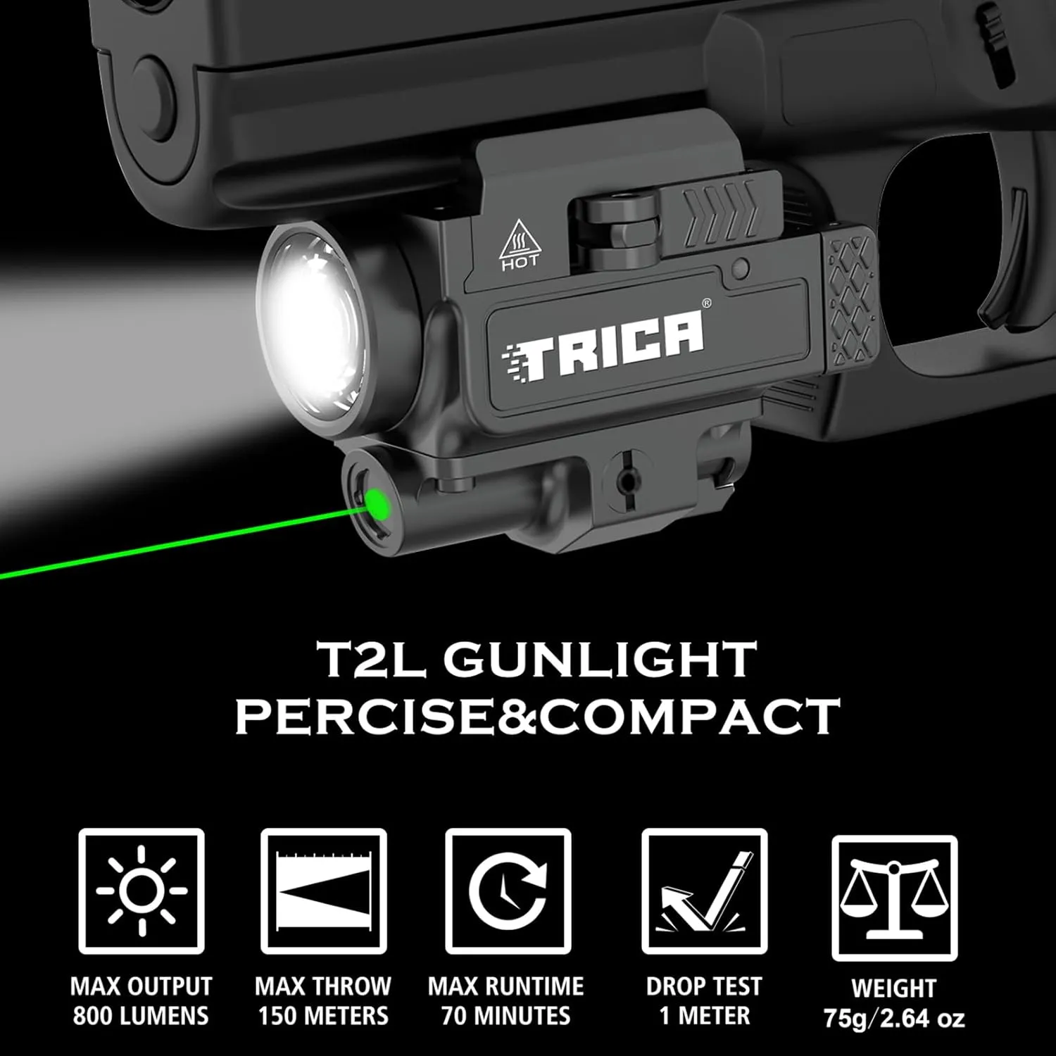 800-Lumen Compact Pistol Light with Green Laser, Strobe & Quick Detach, USB Rechargeable, Compatible with GL or Picatinny Rail
