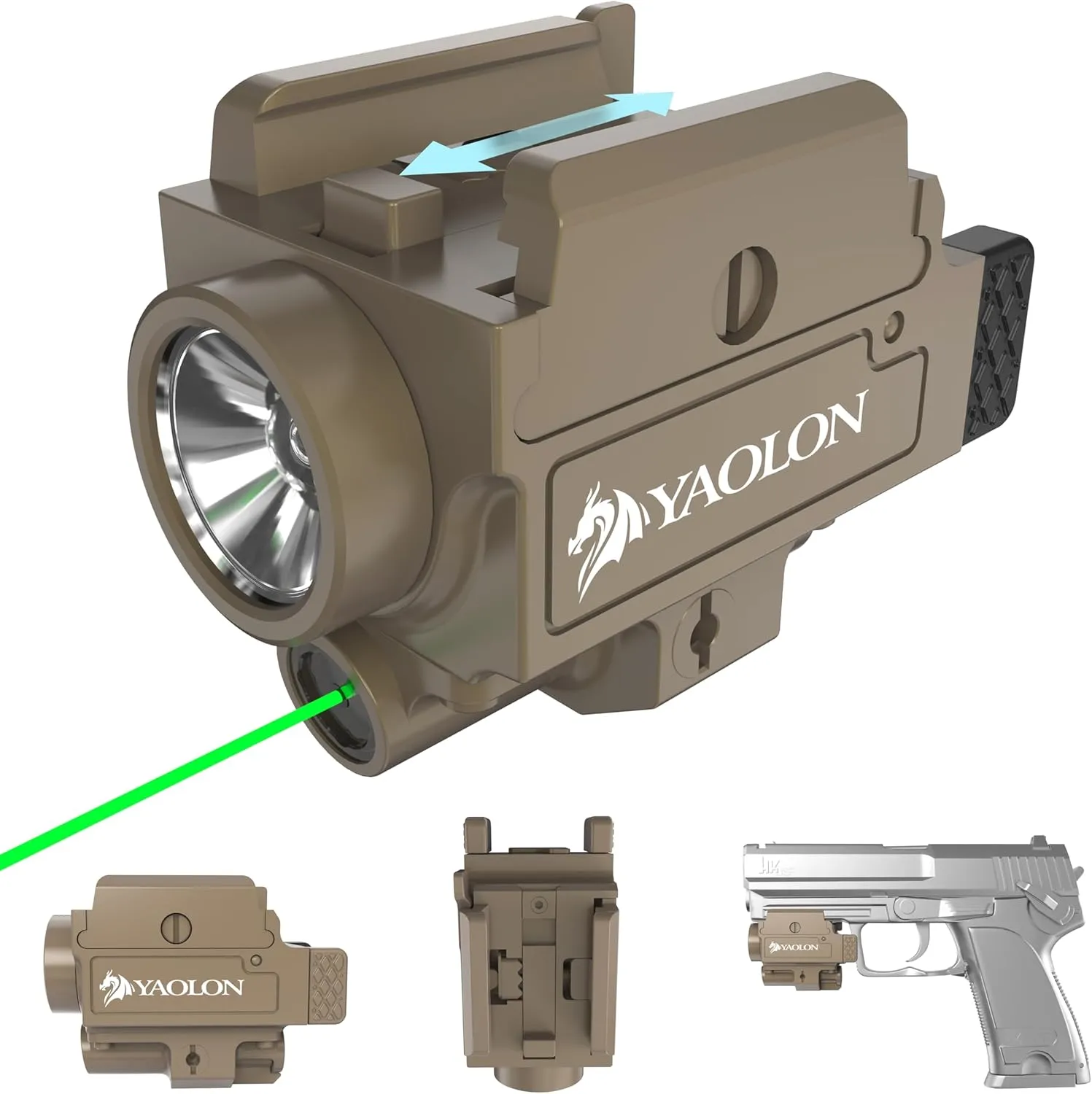 800 Lumens Green Laser and Gun Light Combo, Compact Rechargeable Weapon Light for Handgun, Quick Release Strobe Green Beams with a Rail, Built-in Batter (Desert Tan)