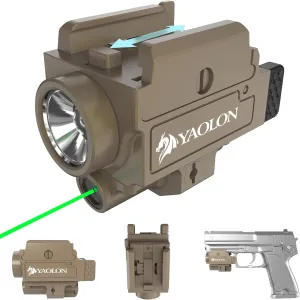 800 Lumens Green Laser and Gun Light Combo, Compact Rechargeable Weapon Light for Handgun, Quick Release Strobe Green Beams with a Rail, Built-in Batter (Desert Tan)