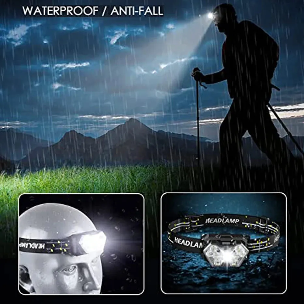 9 LED Strong Light Headlamp, 2000 Lumen, USB Rechargeable, Motion Sensor, Portable for Fishing, Camping, and Outdoor Work