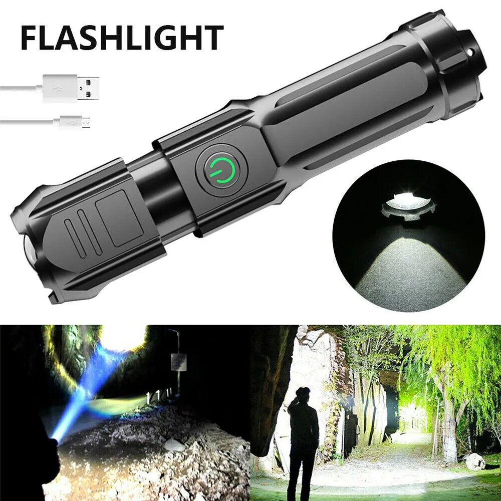 990000LM Torch CREE Led Flashlight USB Rechargeable Tactical Camp Zoomable Lamp