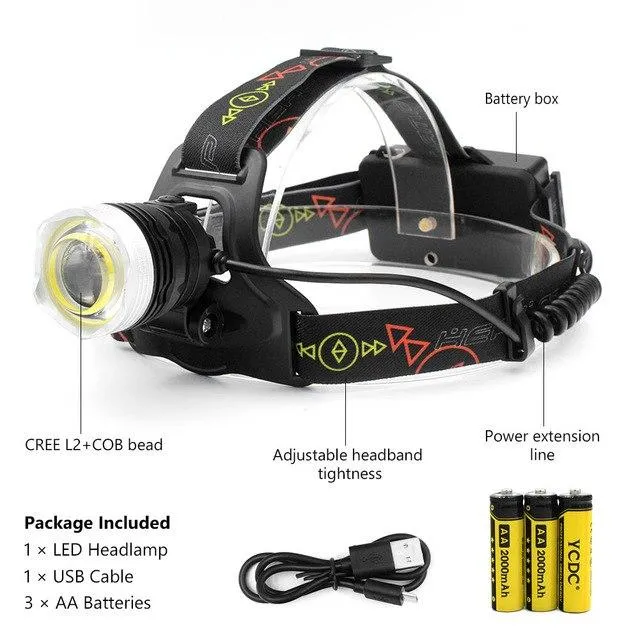 AA/18650 Battery Headlight Rechargeable Zoom frontal led Lamp Cree L2 Torch Head Lamp Outdoor Headlamp Torch For Camping Fishing