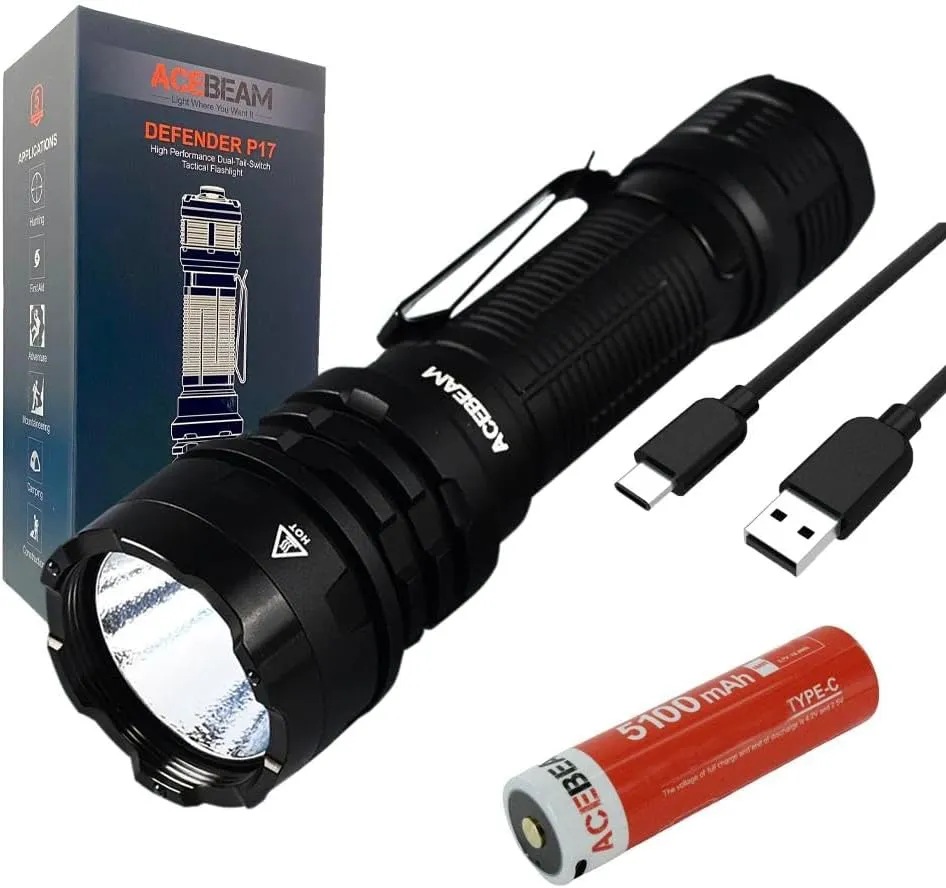 Acebeam DEFENDER P17 (Black) C-ree XHP70.3 HI 6500K Rechargeable Flashlight -4900 Lumens w/Eco-Sensa USB C Charging Cable