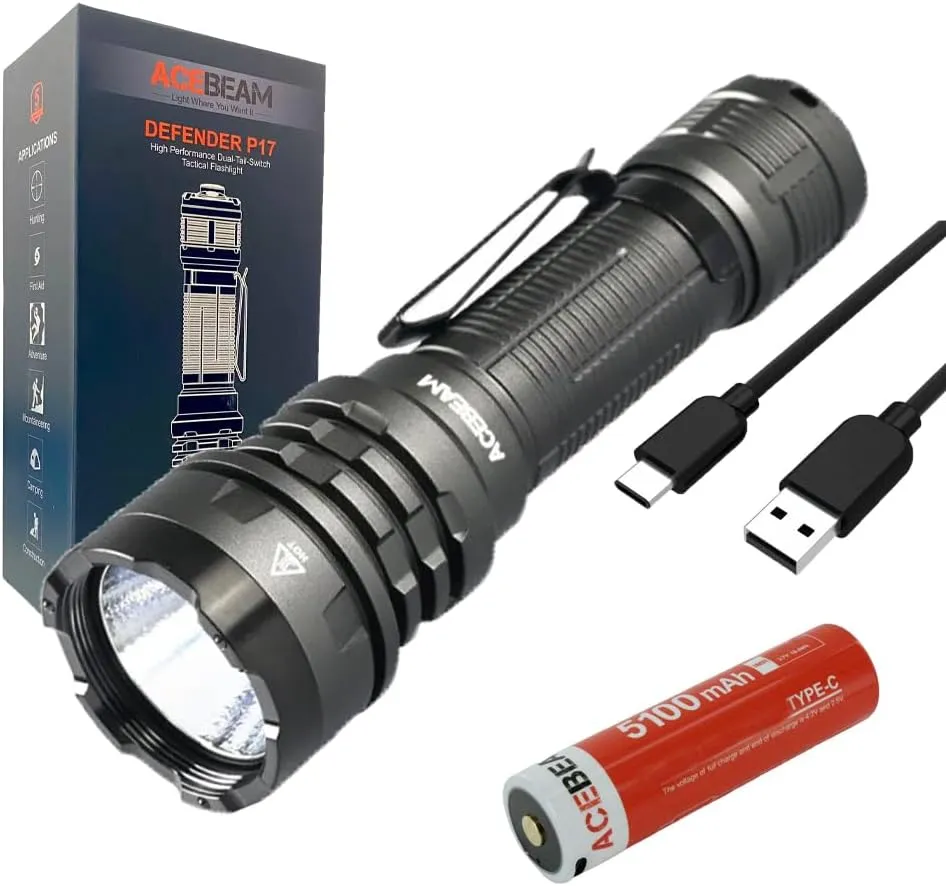 ACEBEAM Defender P17 C-ree XHP70.3 HI 6500K Rechargeable Flashlight -4900 Lumens w/Eco-Sensa USB C Charging Cable