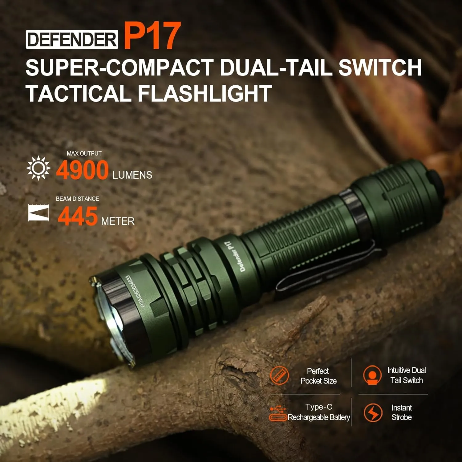 ACEBEAM Defender P17 Tactical Flashlight Dual Tail Switch 4900lm 487 Yards Long Range Throw Instant Activation&Strobe IP68 Waterproof Powerful Portable Small CREE XHP70.3 HI LED Flashlights