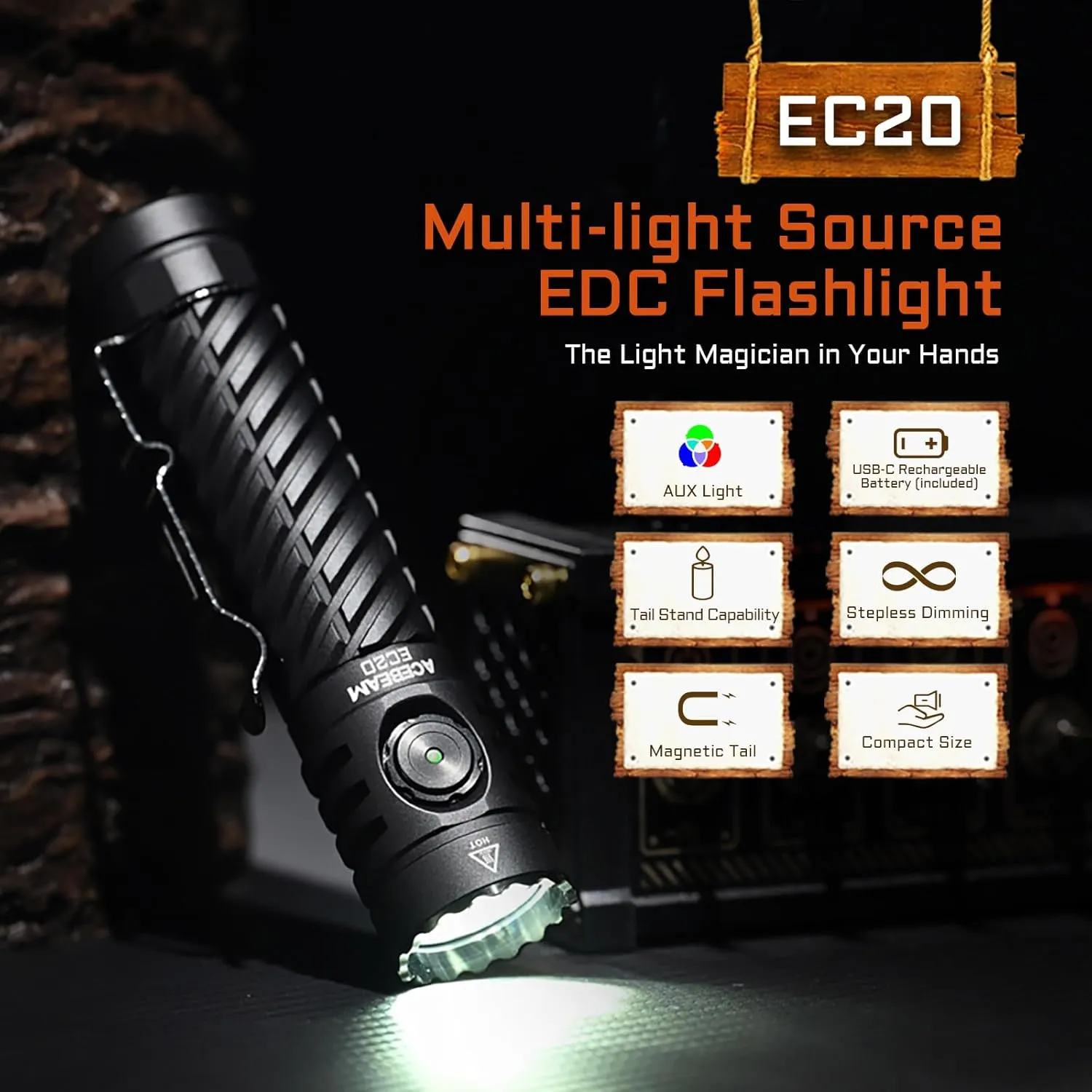 ACEBEAM EC20 2800 High Lumens Multi-Light Source EDC Flashlight Rechargeable, Stepless Dimming LED Flashlight, 3 Modes 9 Brightness Levels, Versatile Bright Small Pocket Flash Light for Camping, Home