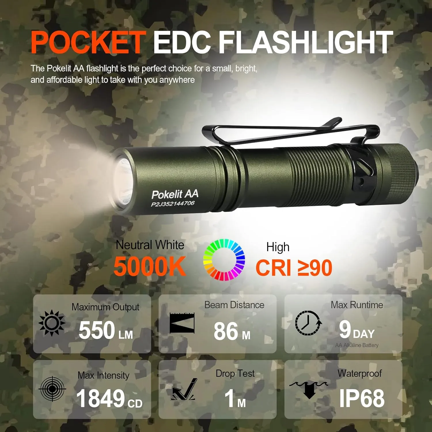 ACEBEAM Pokelit AA Rechargeable Mini Flashlight with Clip, 550 High Lumens Pocket EDC Flashlight, Super Bright Small Flashlight, 90  High CRI Led Flashlight for Camping,Hiking,Everyday Use(Dark Green)