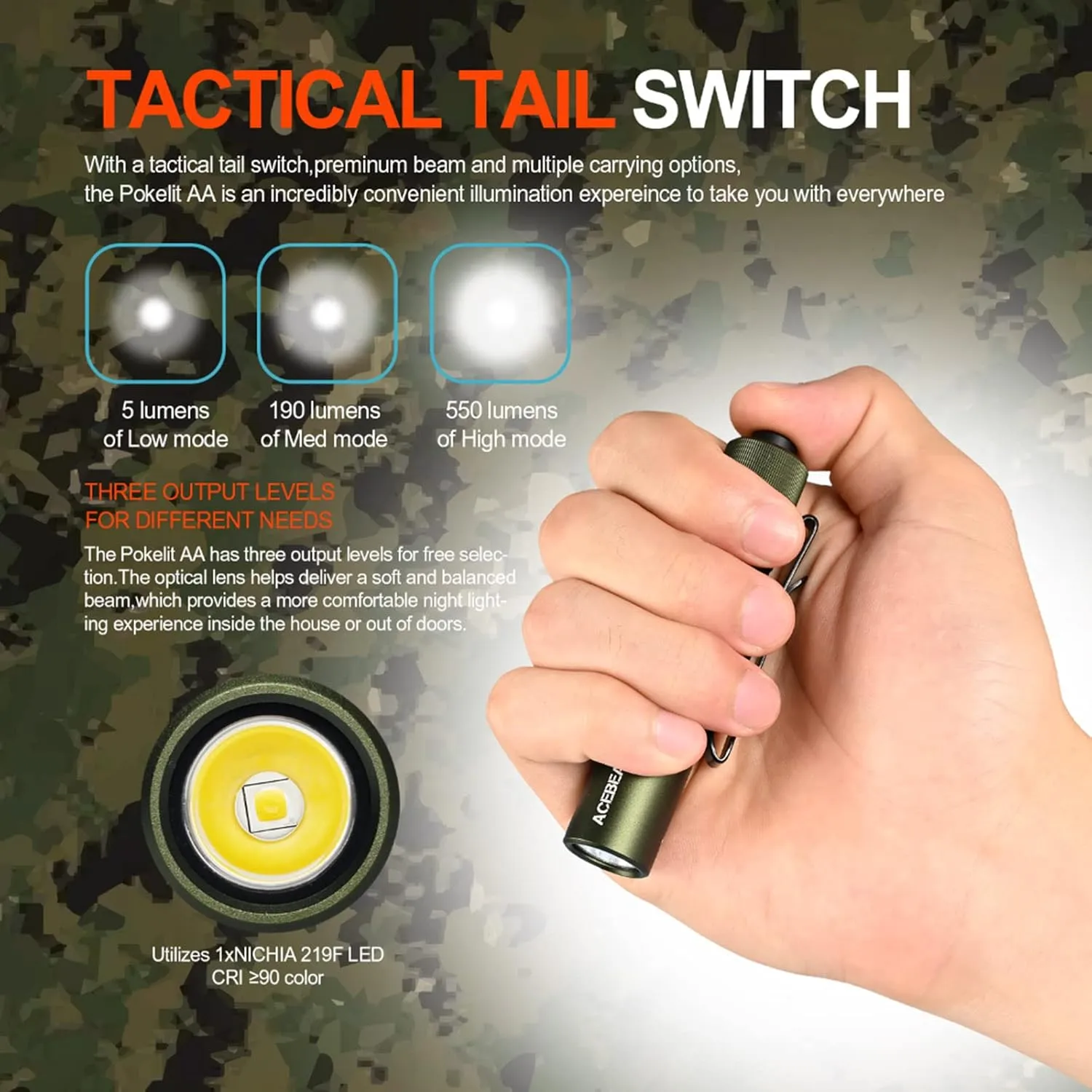 ACEBEAM Pokelit AA Rechargeable Mini Flashlight with Clip, 550 High Lumens Pocket EDC Flashlight, Super Bright Small Flashlight, 90  High CRI Led Flashlight for Camping,Hiking,Everyday Use(Dark Green)