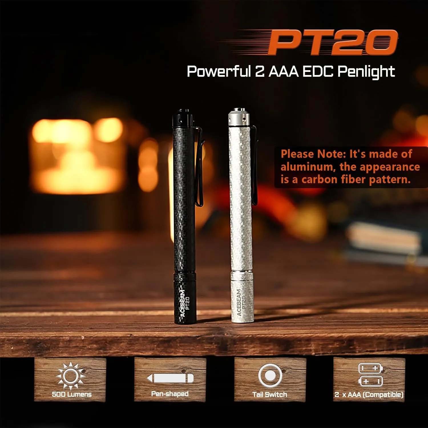 ACEBEAM PT20 2 AAA EDC Flashlight Rechargeable, 500 High Lumens Pen Flashlight with Clip, Compact Pocket MINI LED Flash Light, Super Bright Small Pen Light for Camping, Home, Work(Aluminum Material)