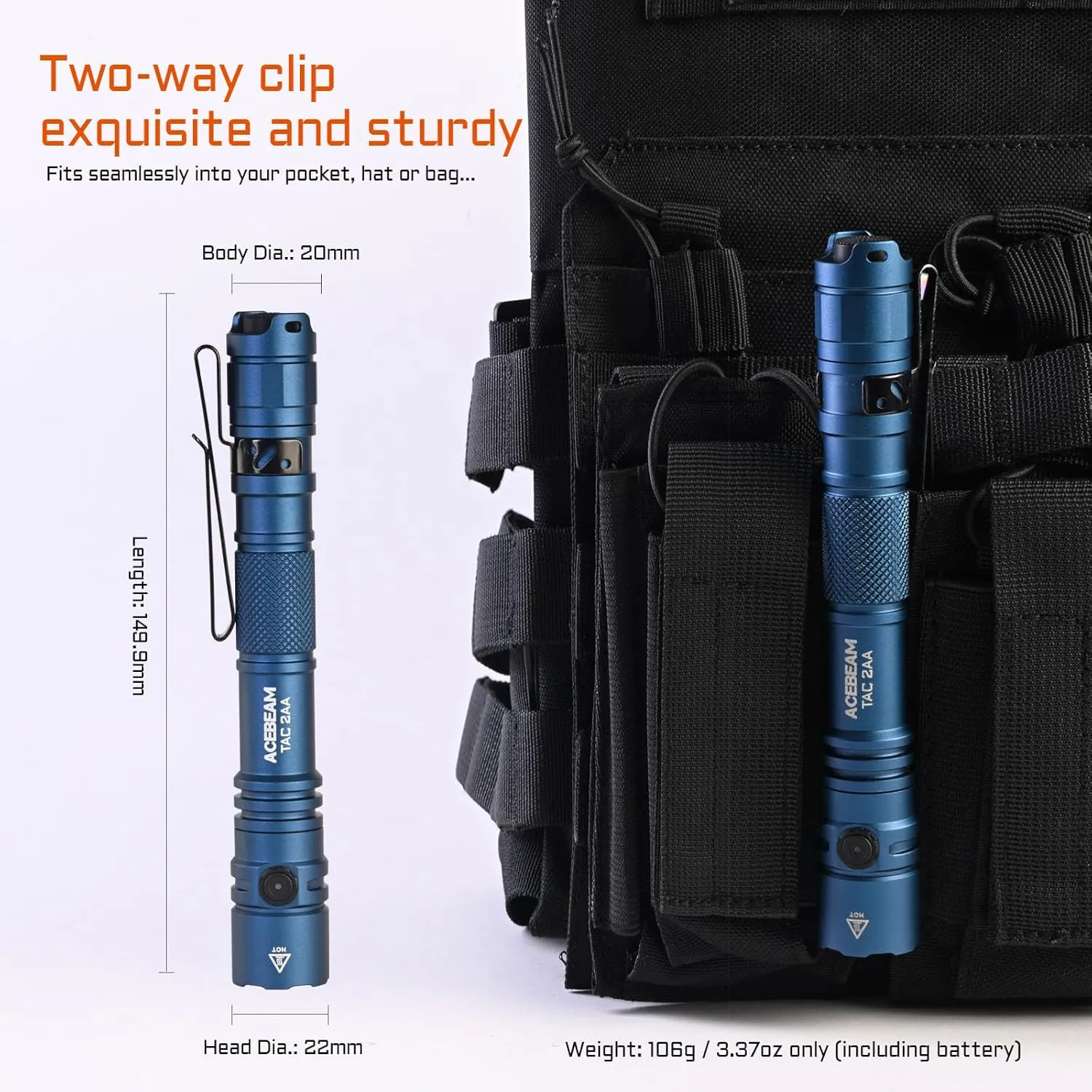 ACEBEAM TAC 2AA EDC Tactical Dual Modes Flashlight Rechargeable, 1400 High Lumens Flashlight, Dual Switch Pocket LED Flashlight, Super Bright Small Flash Light for Emergency, Camping, Home(SFT-25R HI)