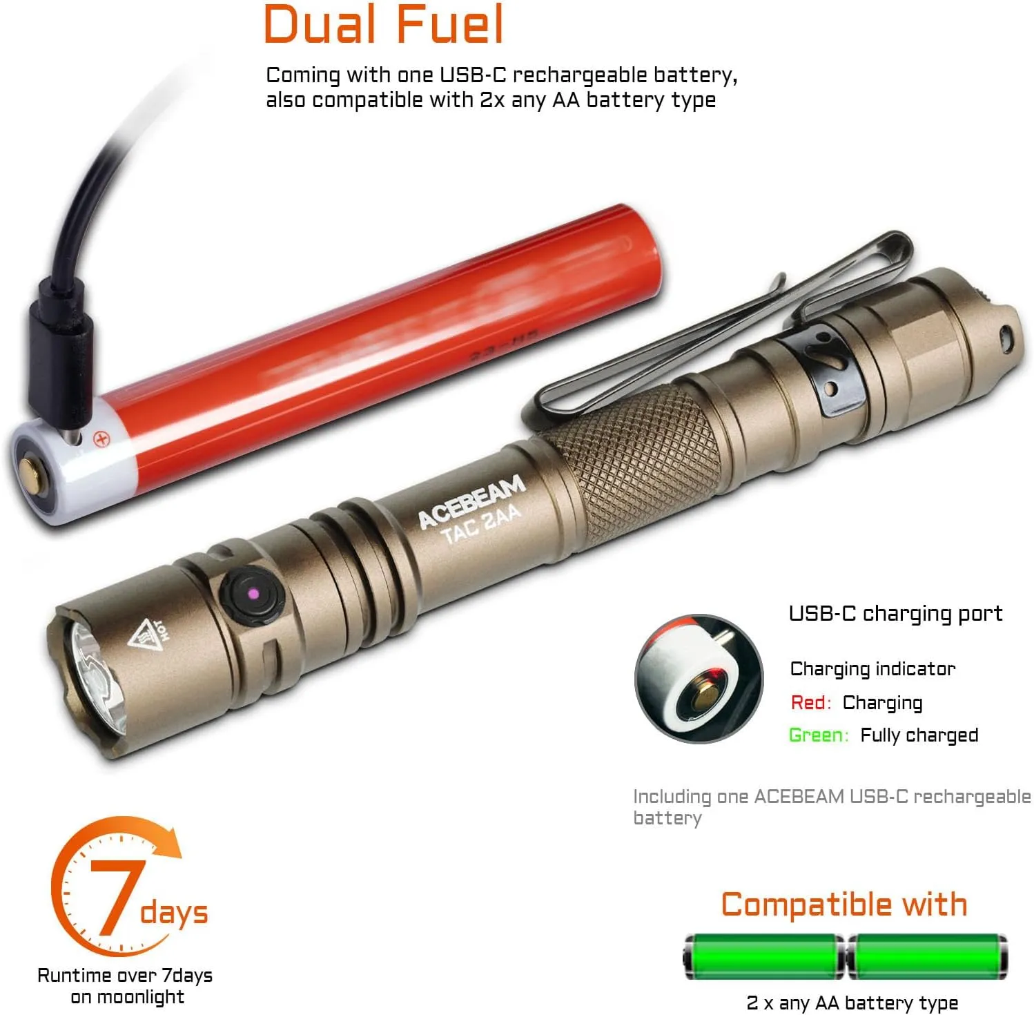 ACEBEAM TAC 2AA EDC Tactical Dual Modes Flashlight Rechargeable, 1400 High Lumens Flashlight, Dual Switch Pocket LED Flashlight, Super Bright Small Flash Light for Emergency, Camping, Home(SFT-25R HI)