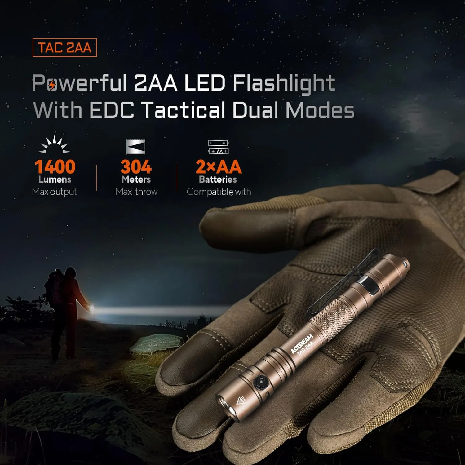 ACEBEAM TAC 2AA EDC Tactical Dual Modes Flashlight Rechargeable, 1400 High Lumens Flashlight, Dual Switch Pocket LED Flashlight, Super Bright Small Flash Light for Emergency, Camping, Home(SFT-25R HI)