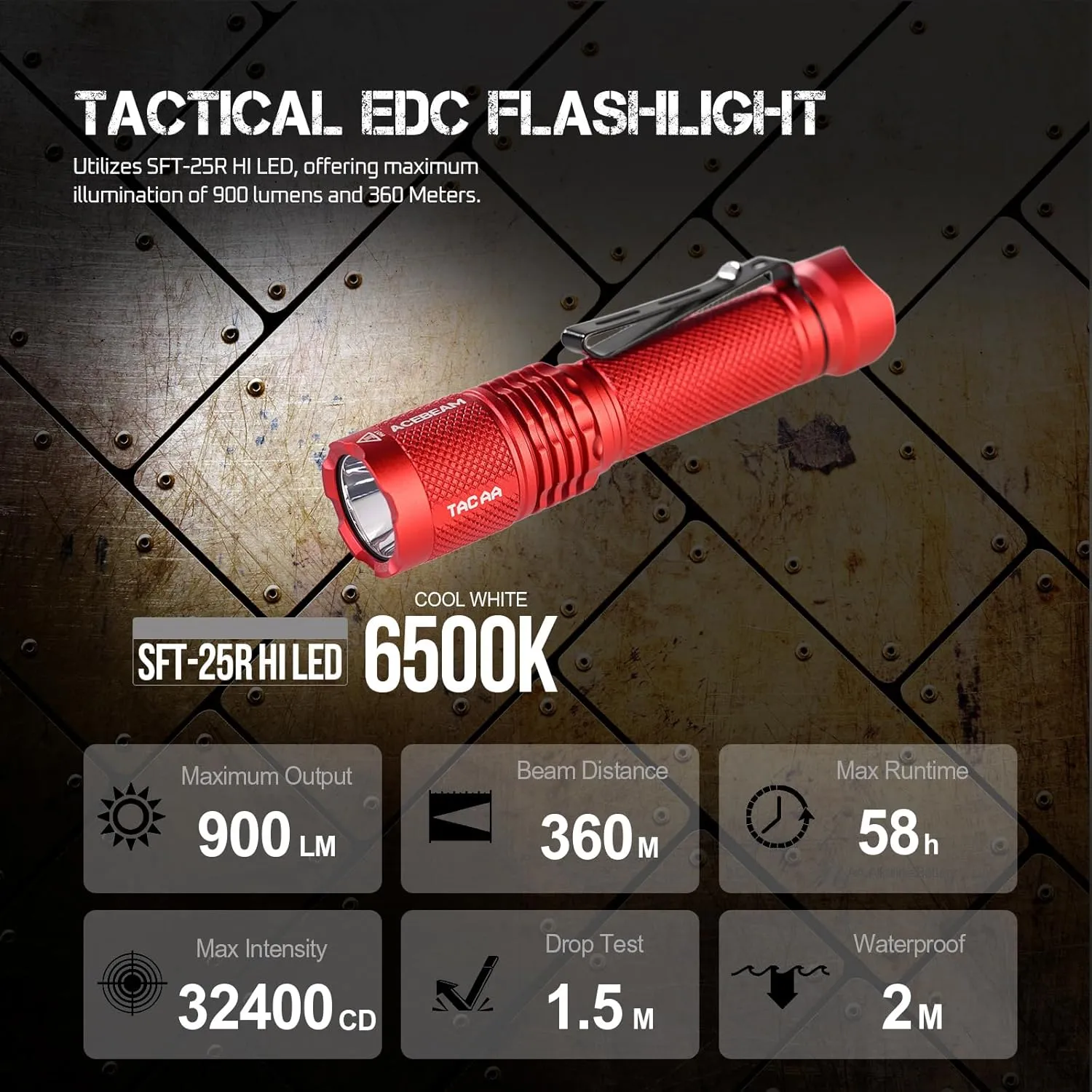 ACEBEAM TAC AA 2.0 Longest-Range AA Flashlight 360 Meters, 900 High Lumens Tactical EDC Flashlight Rechargeable, 6 Modes Pocket LED Flashlight, Super Bright Small Mini Flashlight, Red Color