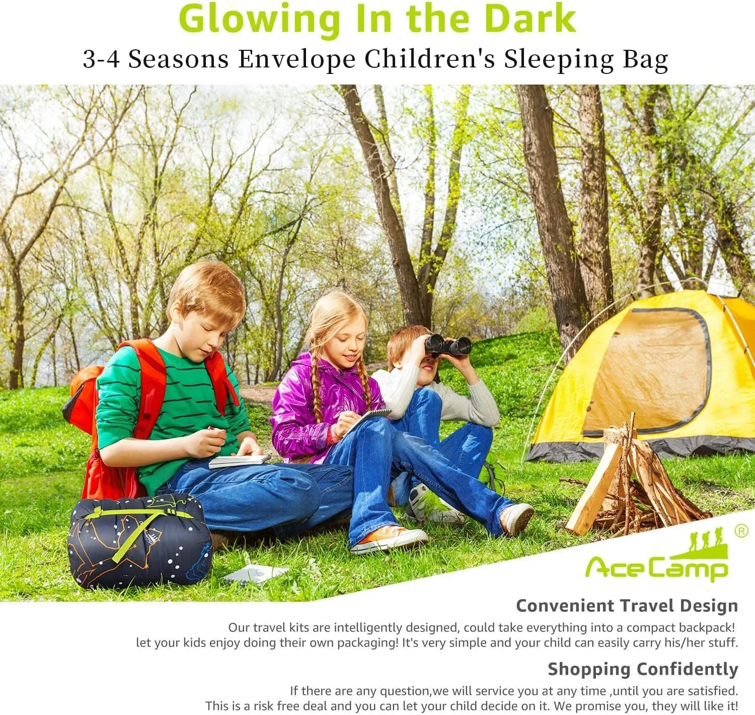AceCamp Kids Sleeping Bag, Glow-in-The-Dark Sleeping Bag for Kids and Youth, Portable Water-Resistant Kids Sleeping Bag, Temp Rating 30F/ -1℃, for Camping, Hiking, Slumber Party