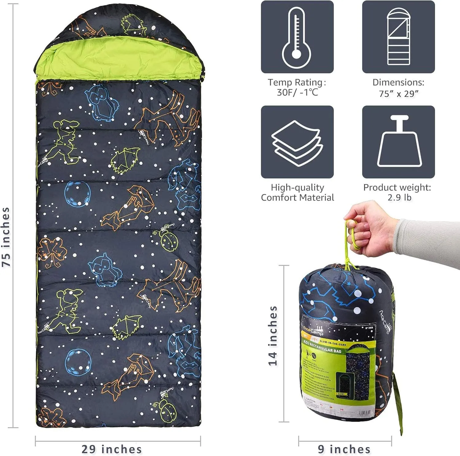 AceCamp Kids Sleeping Bag, Glow-in-The-Dark Sleeping Bag for Kids and Youth, Portable Water-Resistant Kids Sleeping Bag, Temp Rating 30F/ -1℃, for Camping, Hiking, Slumber Party