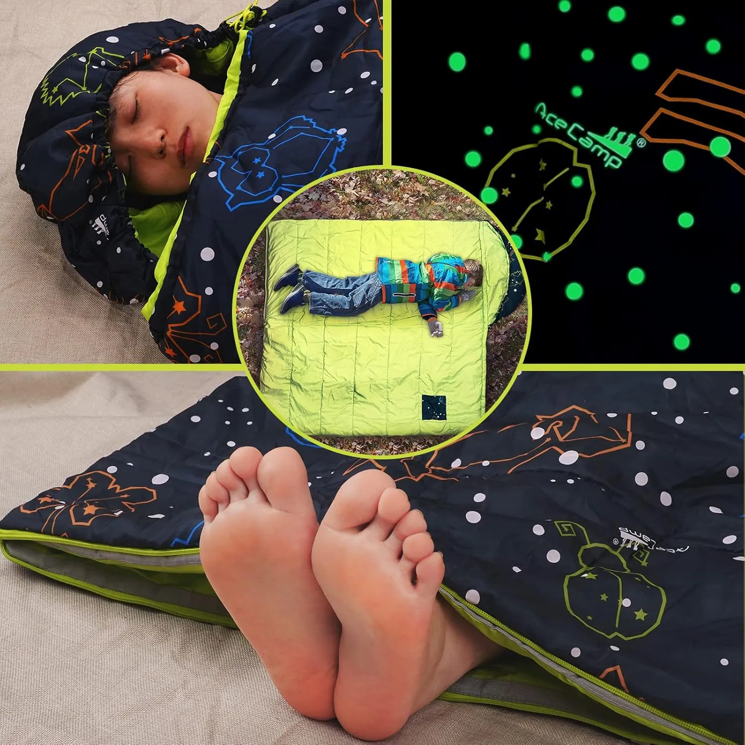 AceCamp Kids Sleeping Bag, Glow-in-The-Dark Sleeping Bag for Kids and Youth, Portable Water-Resistant Kids Sleeping Bag, Temp Rating 30F/ -1℃, for Camping, Hiking, Slumber Party