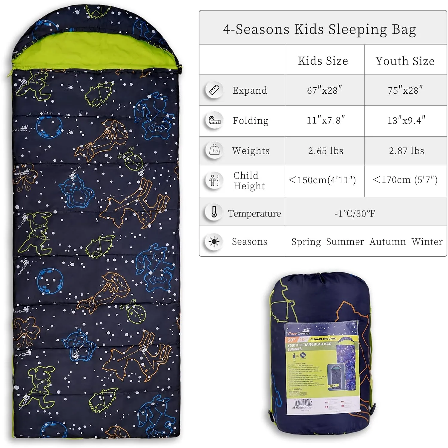 AceCamp Kids Sleeping Bag, Glow-in-The-Dark Sleeping Bag for Kids and Youth, Portable Water-Resistant Kids Sleeping Bag, Temp Rating 30F/ -1℃, for Camping, Hiking, Slumber Party