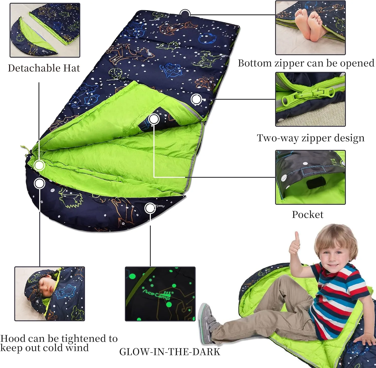 AceCamp Kids Sleeping Bag, Glow-in-The-Dark Sleeping Bag for Kids and Youth, Portable Water-Resistant Kids Sleeping Bag, Temp Rating 30F/ -1℃, for Camping, Hiking, Slumber Party