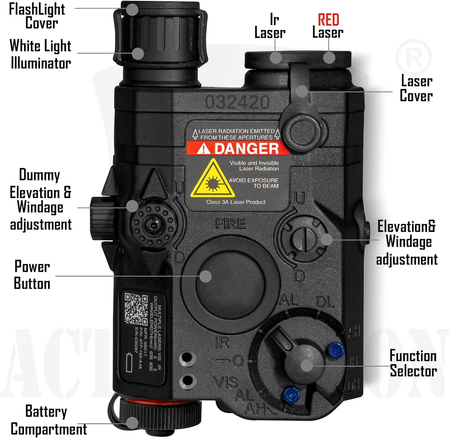 ACTIONUNION Airsoft PEQ-15 IR Laser   Visible Red Laser   White LED Flashlight