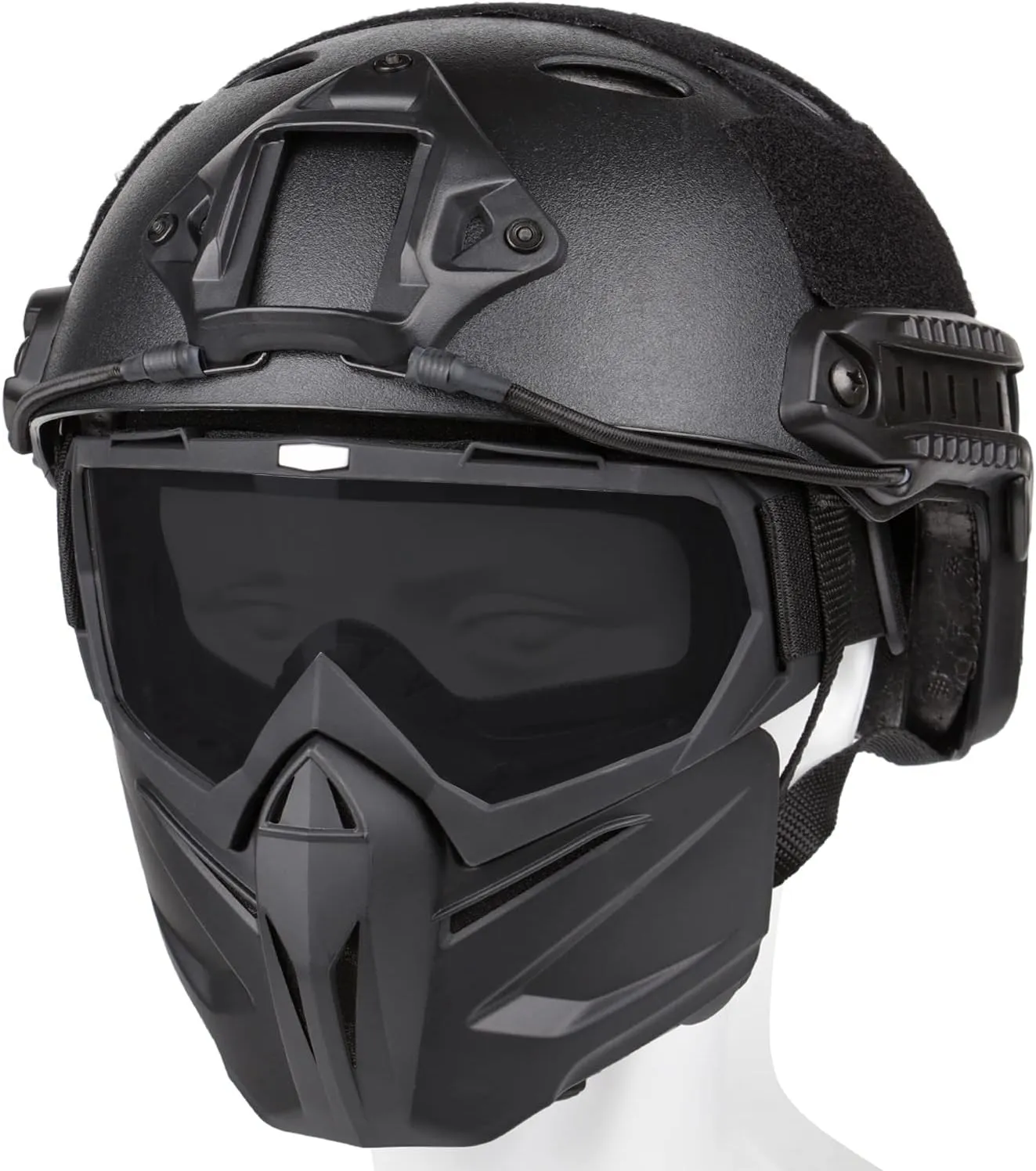 Airsoft Helmet and Mask, Full Face Mask with Detachable Goggles, Paintball Black Helmet with NVG Mount and Side Rail, Military Tactical Gear