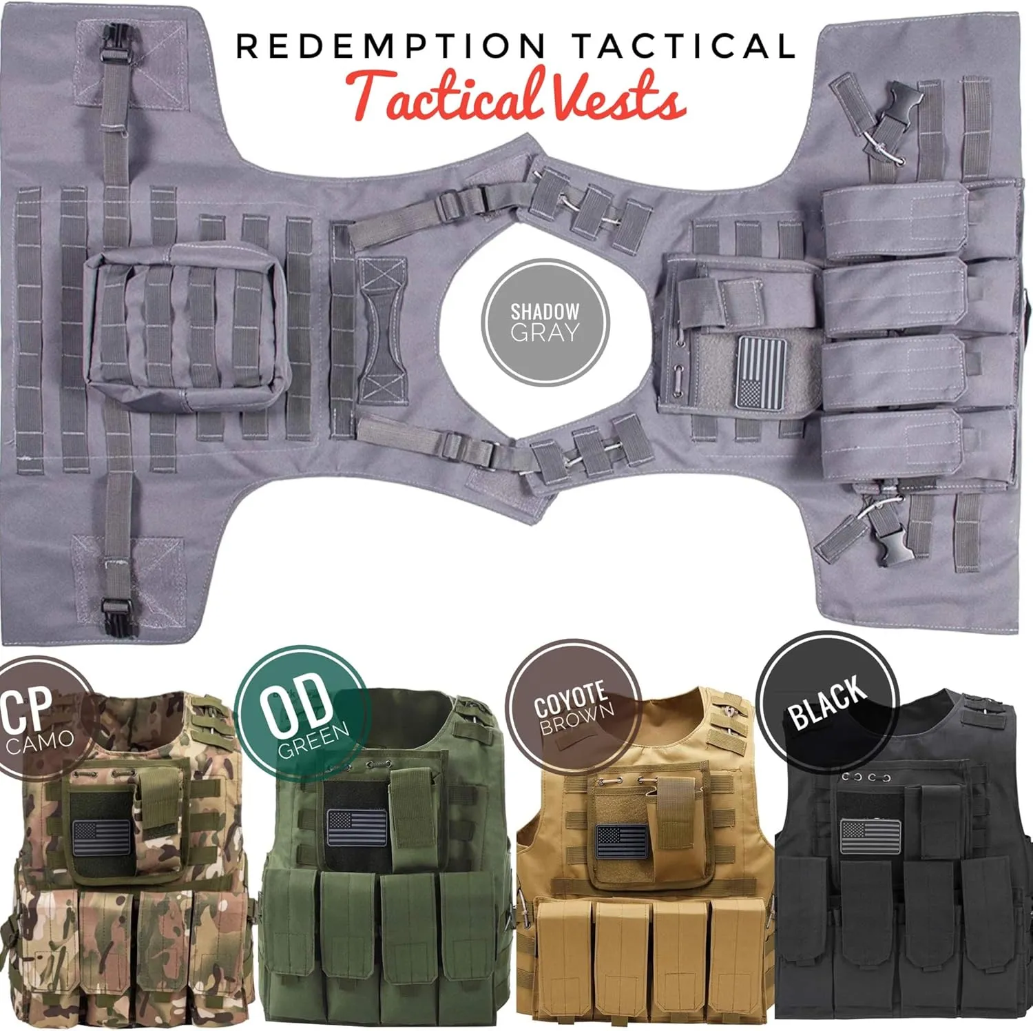 Airsoft Tactical Vest w/US Flag Patch Molle PALS and 4 Mag Pouches
