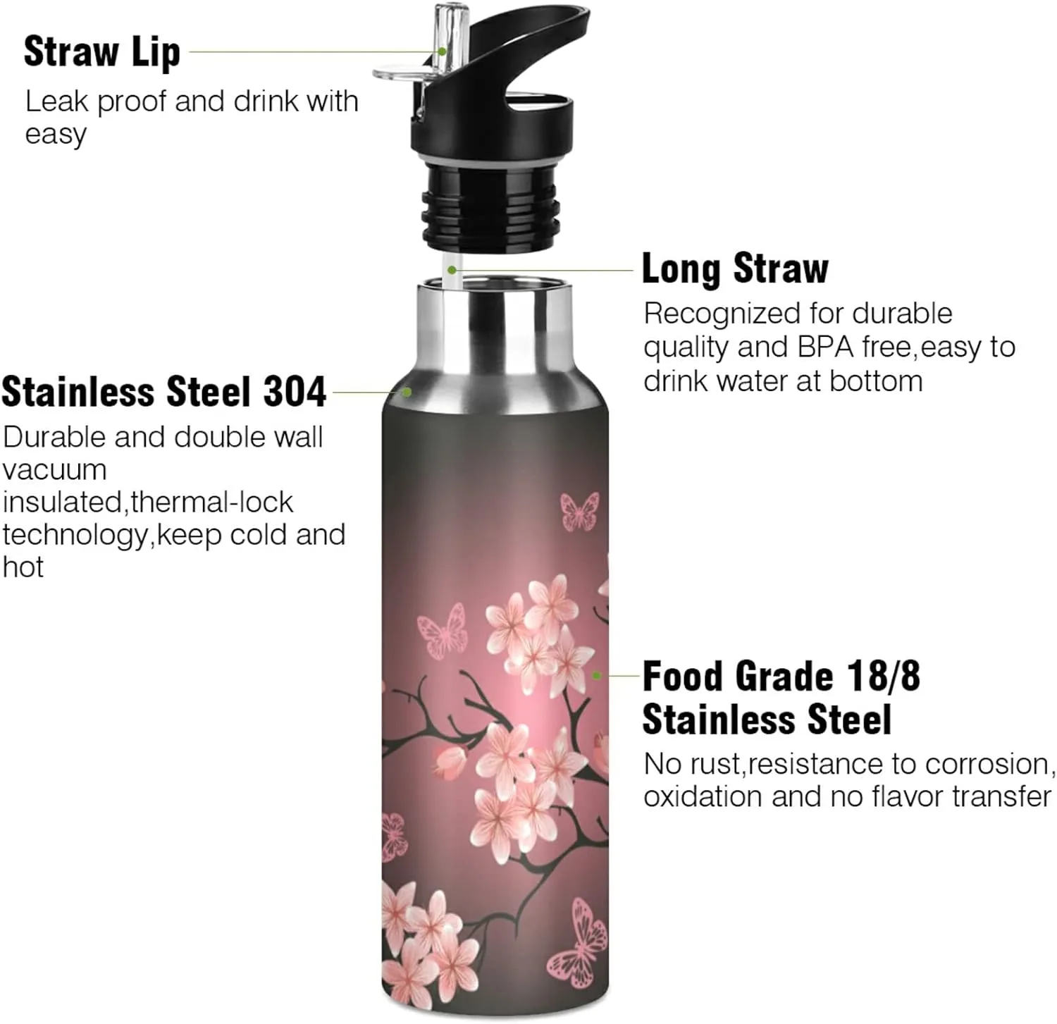ALAZA Cherry Blossom Pattern Water Bottle with Straw Lid Vacuum Insulated Stainless Steel Thermo Flask Water Bottle 32oz 130